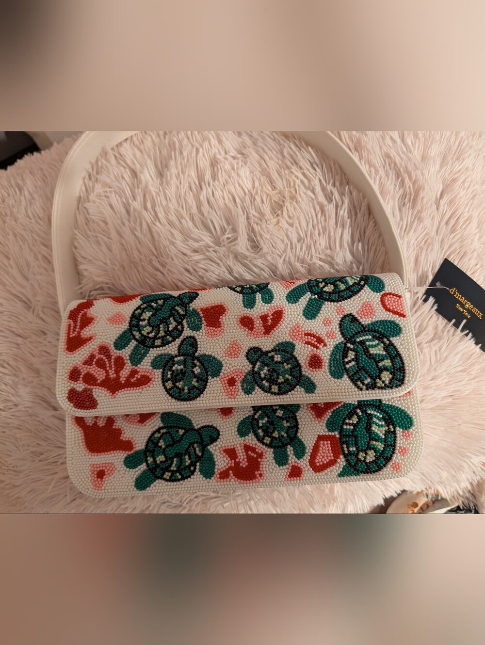 White Beaded Shoulder Bag with Green Sea Turtle Motif